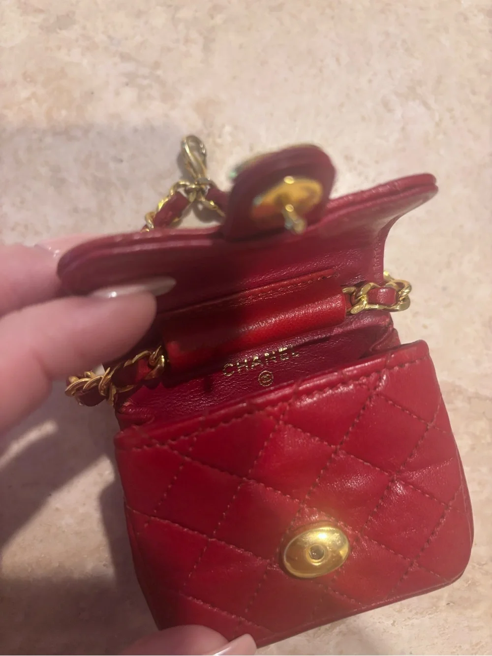 CHANEL MICRO Quilted Lambskin Flap Bag in Crimson Red